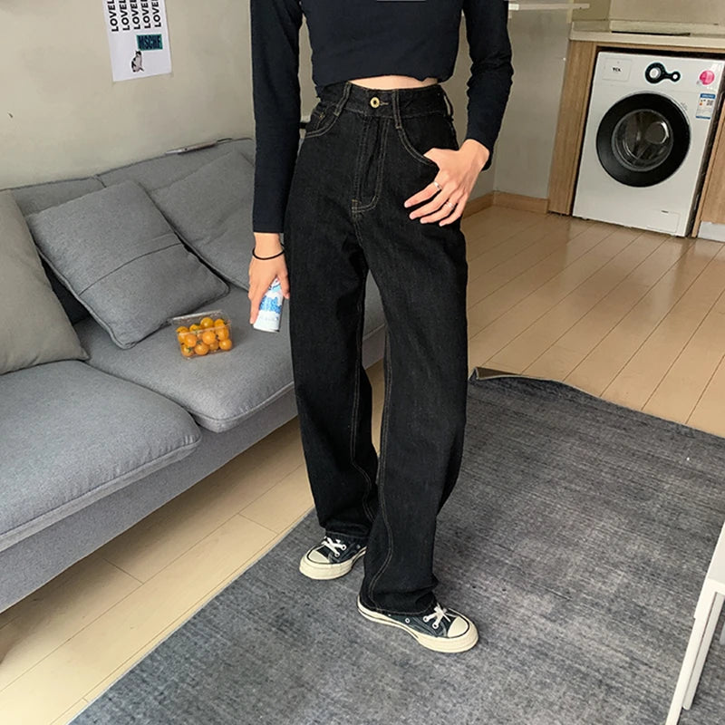 Vintage High Waist Women Black Jeans Korean Fashion Streetwear Wide Leg Jean