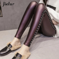 PU Leather leggings Women Winter Fleece Matte Chic Rivets Push Up Pencil