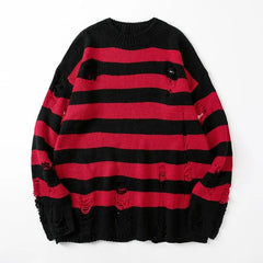 Black Stripe Sweaters Destroyed Ripped Sweater Men Pullover Hole Knit Jumpers Men