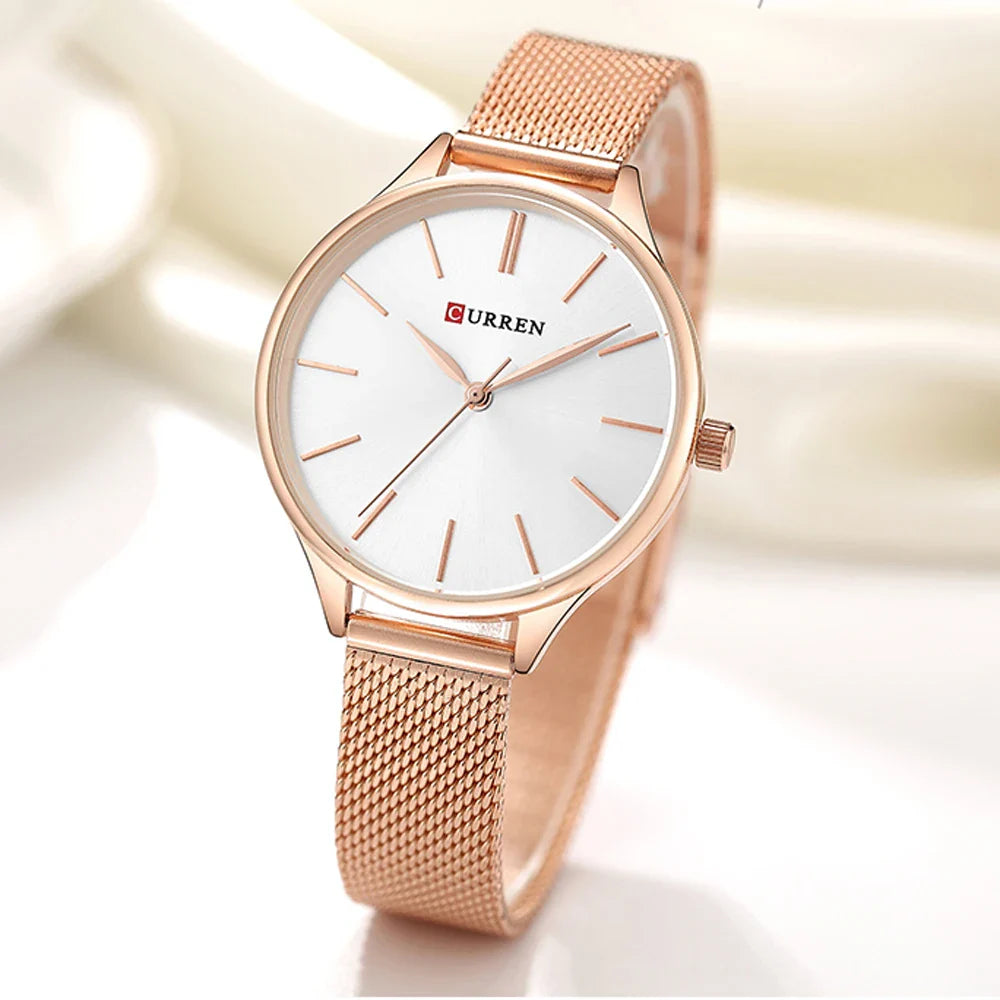 CURREN Original Women's Luxury Watch Matte Dial Japanese Quartz Movement Stainless Steel Mesh Strap with Box