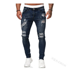 Mens Ripped Skinny Jeans Blue Slim Fit Hole Pencil Pants Biker Casual Trousers