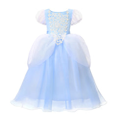 Disney Princess Cinderella Dresses Girls Blue Summer Puff Sleeve Embroidery Flower