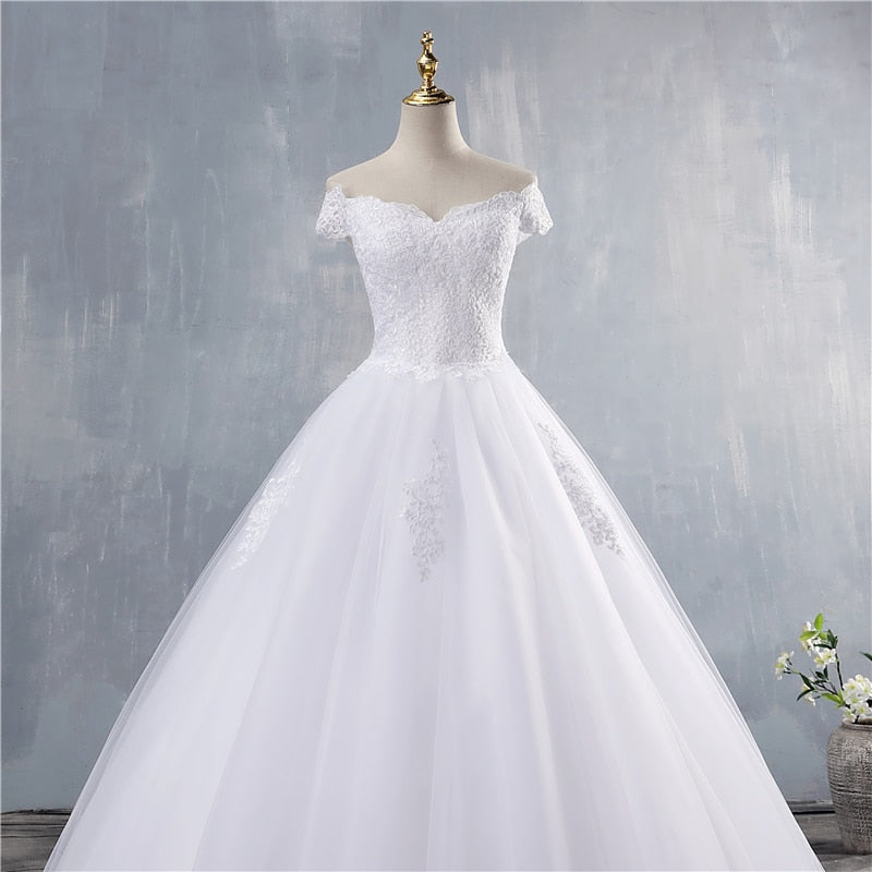 White Bridesmaid Dresses: White Ivory Lace Appliques Ball Gown Off The Shoulder