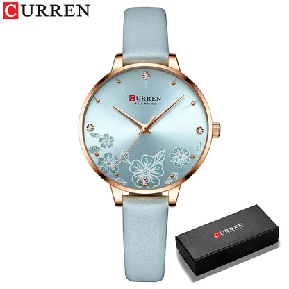 CURREN Watches Women Brand Leather Quartz Wristwatches Luxury Design Clock for Ladies Charm Flowers Dial with box