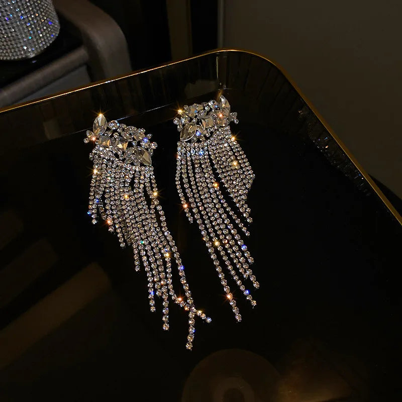 FYUAN New Long Tassel Geometric Drop Earrings for Women Oversize Flowers Crystal Dangle Earrings Statement Jewelry