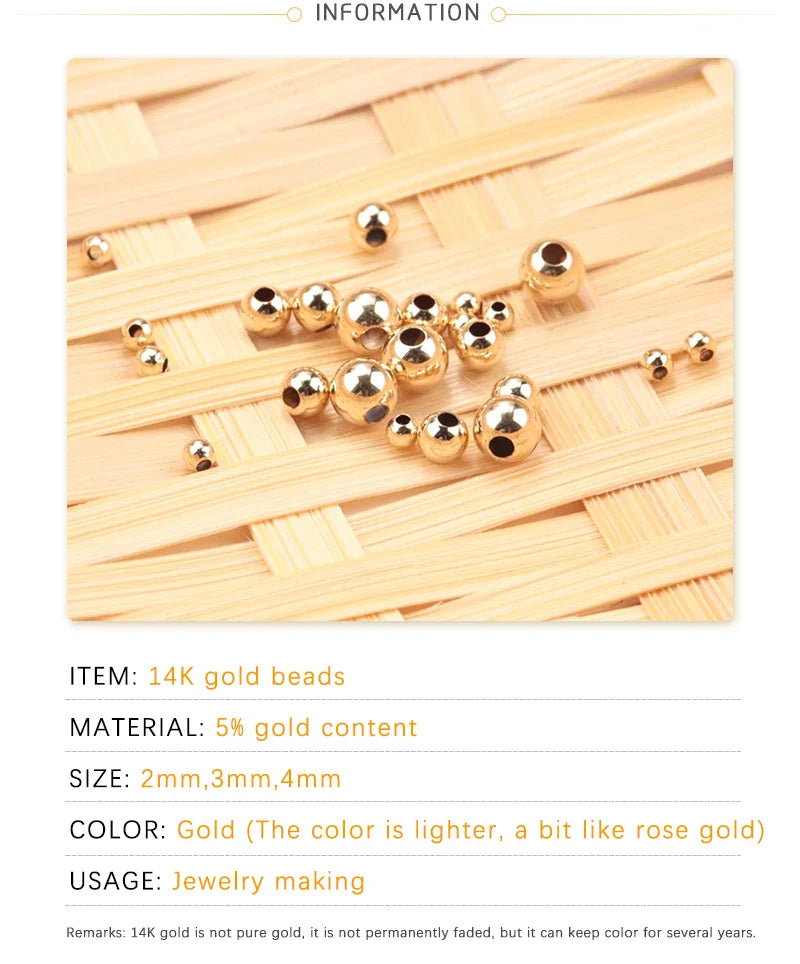 100pcs 14K Gold Filled Spacer Beads 2mm 3mm 4mm Round Loose Bead for Bracelets Necklace DIY Jewelry Making Accessories Wholesale