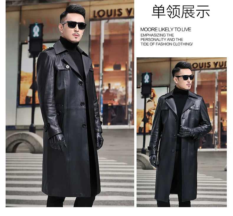 Long Smart Black Waterproof Leather Trench Coat Men Lapel belt Autumn Soft