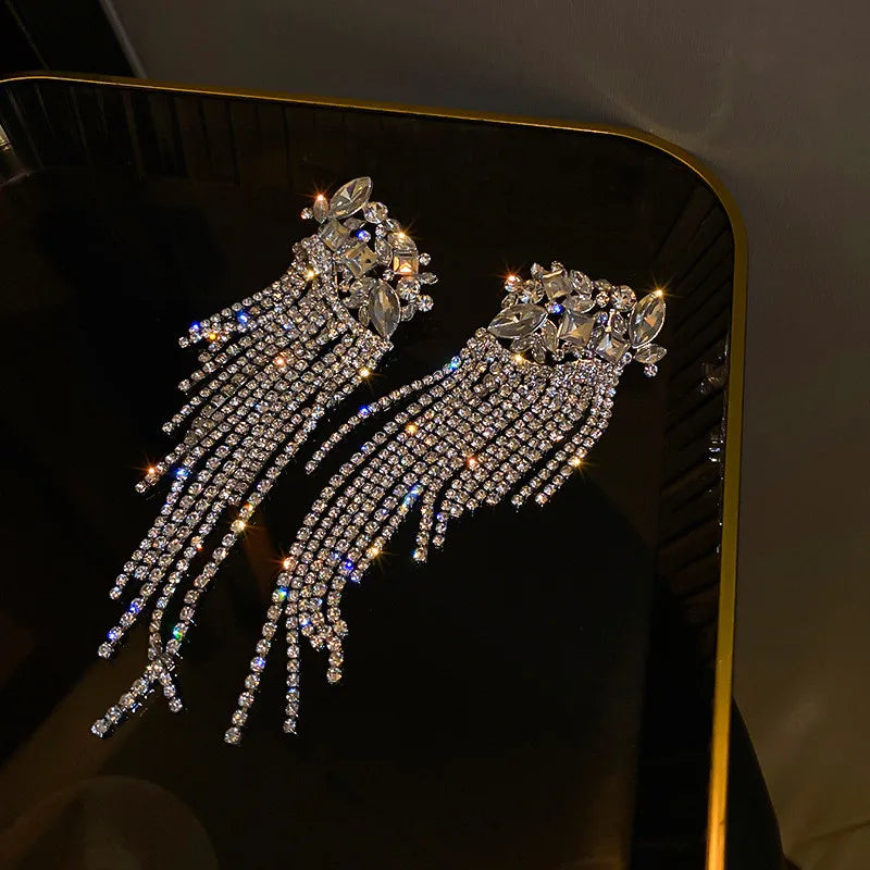 FYUAN New Long Tassel Geometric Drop Earrings for Women Oversize Flowers Crystal Dangle Earrings Statement Jewelry