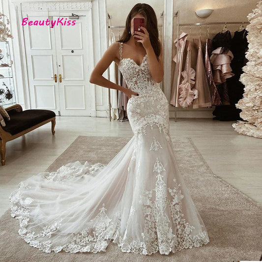 White Bridesmaid Dresses: Ivory Mermaid Wedding Dresses Lace Appliques Tulle