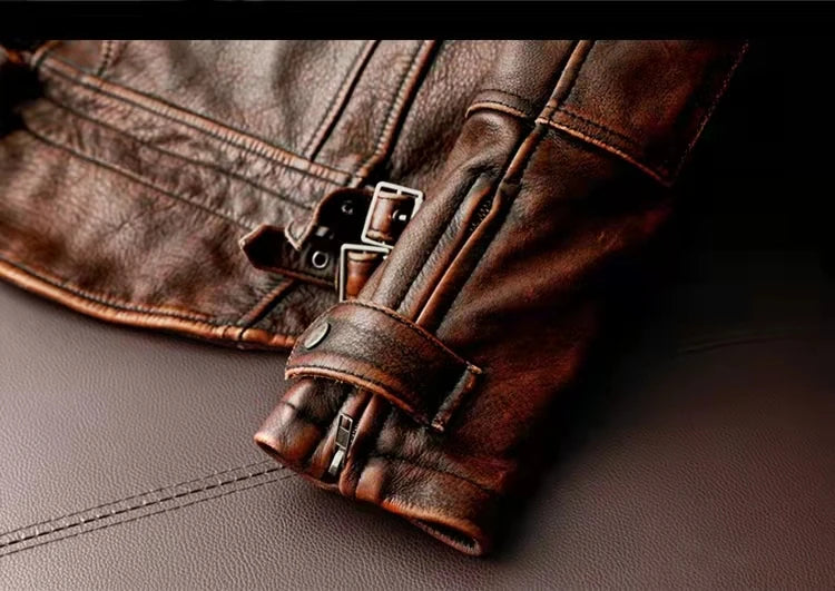 Men Leather Jacket  Swallow Tailed Vintage Motorcycle Top Cowhide Coat