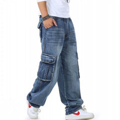 Jeans Men Denim Pants Straight Pocket Baggy Casual Streetwear Hip Hop