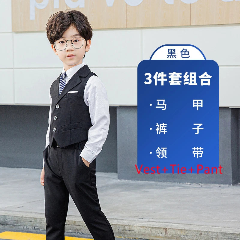 Boy Top Ring Bearer Waistcoat Clothes Set Kids Formal Suits Child Tie Long Sleeve Shirt Vest Trousers Toddler Gentleman Outfits