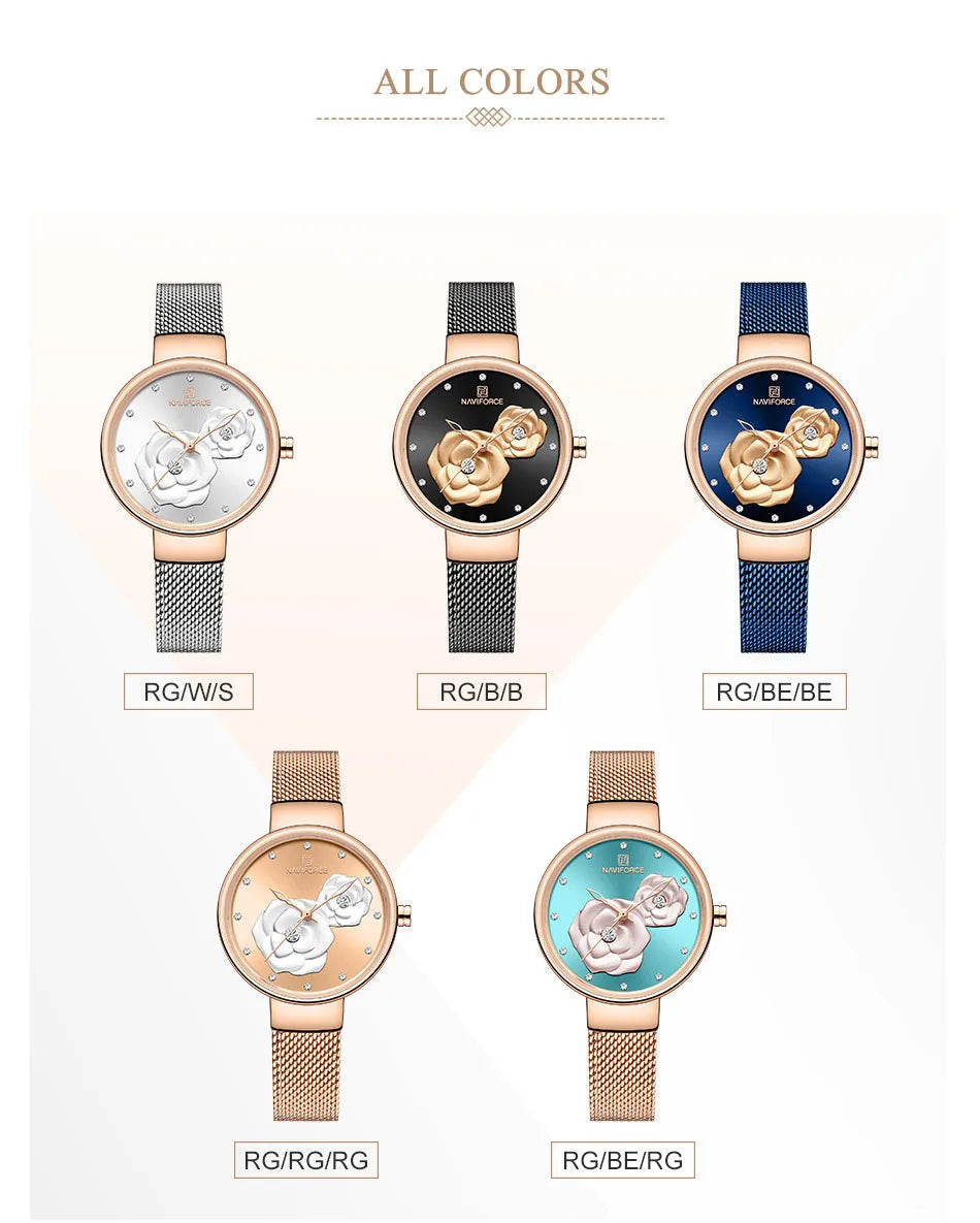 Women Watch NAVIFORCE Top Luxury Brand Steel Mesh Waterproof Ladies Watches Flower Quartz Female Wristwatch Charming Girl Clock