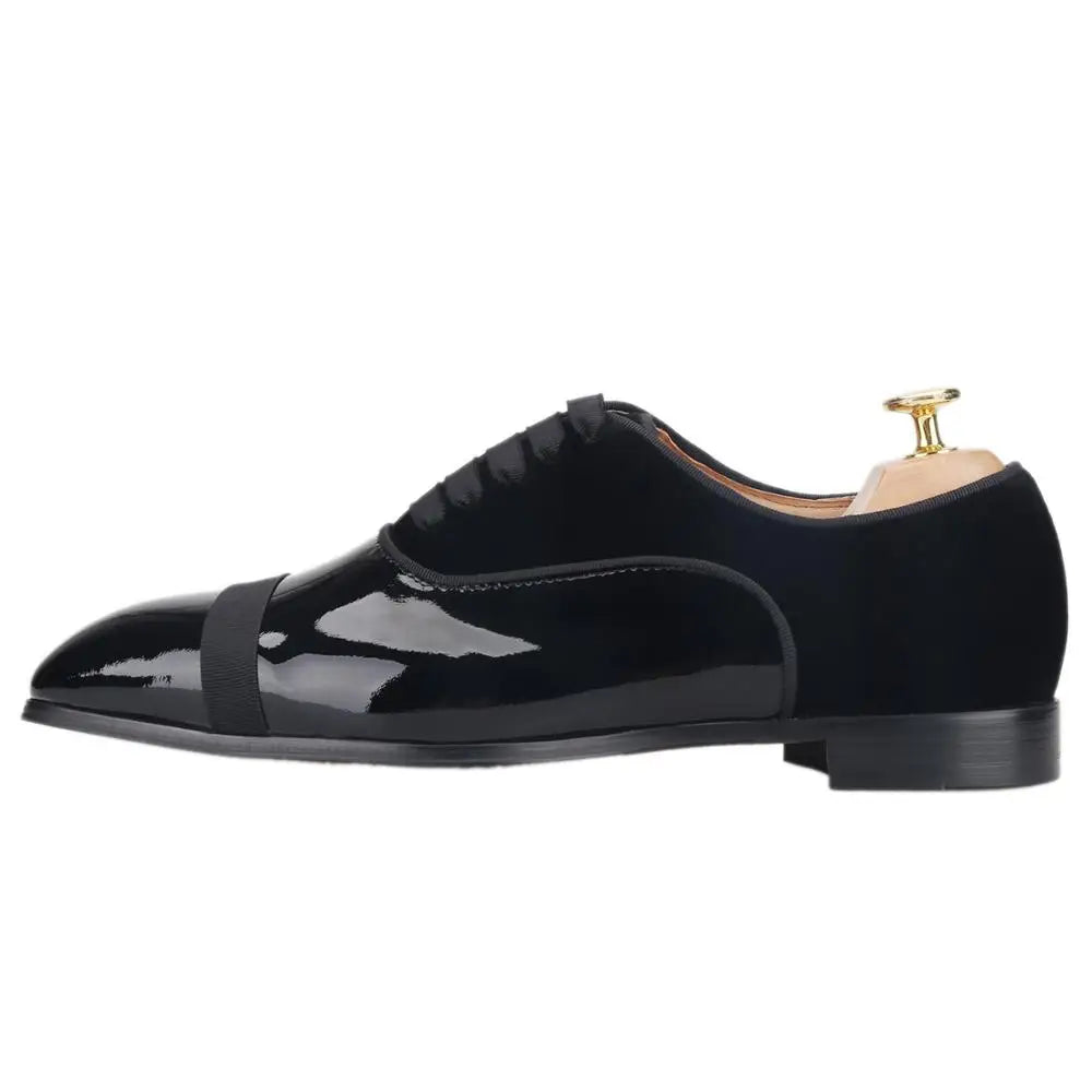 Piergitar Patent Leather Stitching Velvet Men Derby Shoes