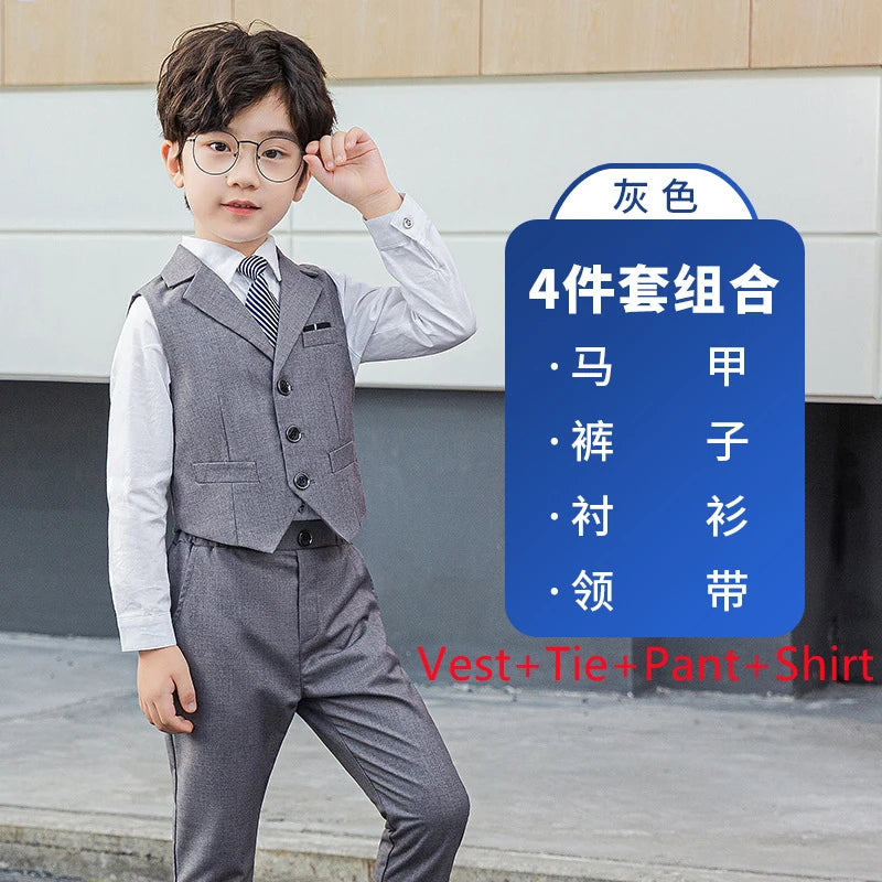 Boy Top Ring Bearer Waistcoat Clothes Set Kids Formal Suits Child Tie Long Sleeve Shirt Vest Trousers Toddler Gentleman Outfits