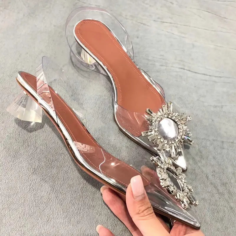 34-45 PVC Transparent Crystal Shoes 2023 Summer New Pointed Odd Heel Shoes Stiletto Ladies Sun Decoration Wild Fairy Shoes