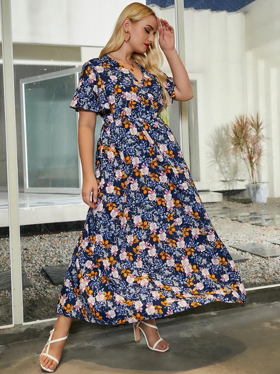 Plus Size Floral Dress Women 2024 Summer V Neck Short Sleeve Flower Print Casual Dress High Waist Boho Beach Maxi Long Dresses