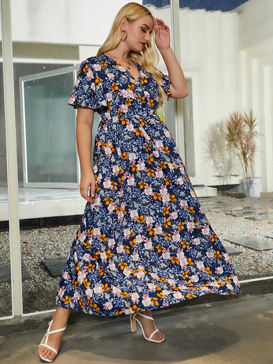 Plus Size Floral Dress Women 2024 Summer V Neck Short Sleeve Flower Print Casual Dress High Waist Boho Beach Maxi Long Dresses
