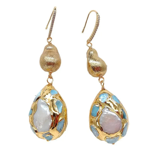 Y·YING  natural Cultured White Pearl Teardrop Shape Blue larimar Pave Brushed Bead Dangle Hook Earrings