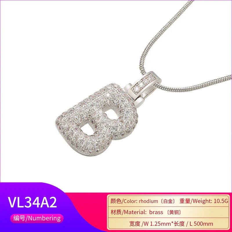 ZHUKOU 1.25x500mm Fat and lovely crystal brass silver color  letter necklace for women friends birthday gift model: VL34