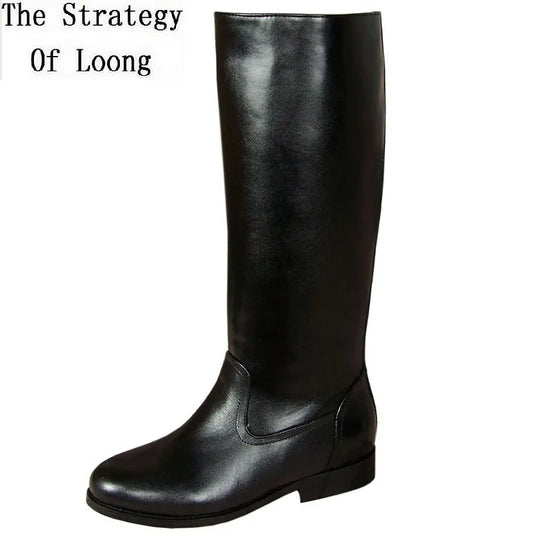 Genuine Leather Mesh Long Equestrian Boots Winter Male Plush Cow Leather Military Boots