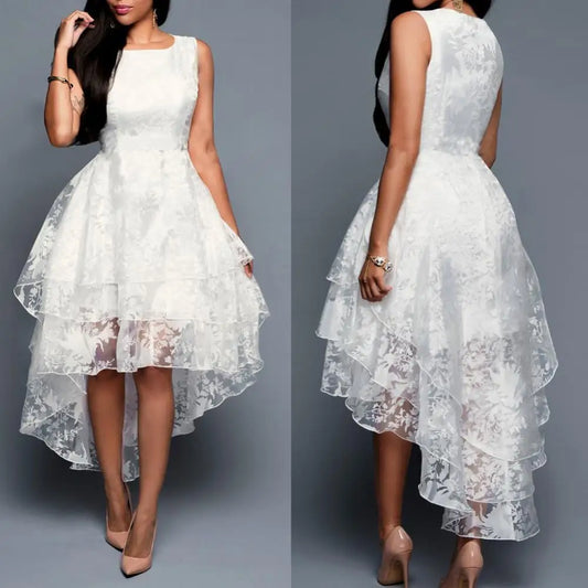 Evening Dresses:  Women Dress White Sleeveless 3 Layers Lace Irregular
