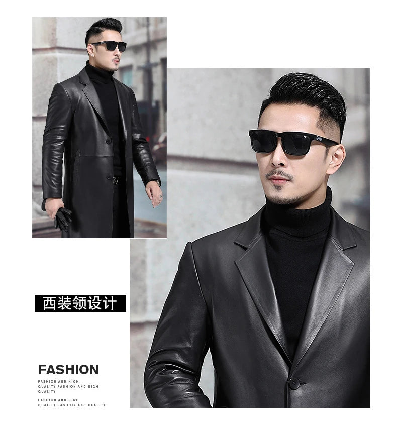Long Black Mens Leather Blazer Jacket Long Sleeve Lapel Plus Size Faux Leather Coat