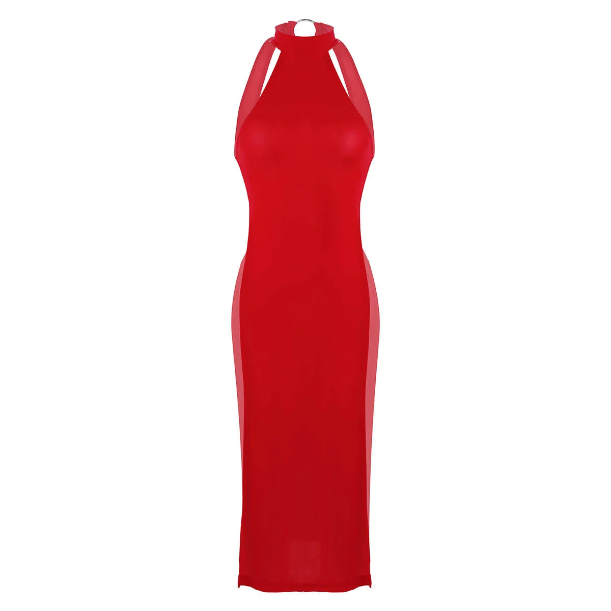 Sexy Women Ultra Thin Hollow Dress Clubwear Halter Neck Sleeveless Backless High Slit Legs Dress Cheongsam Temptation Nightgown