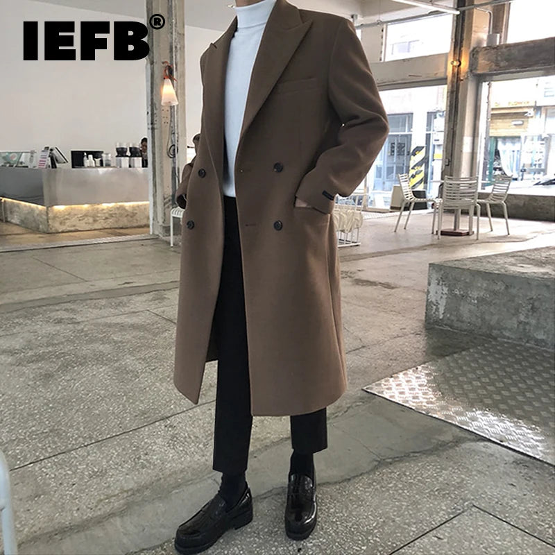 Men's Autumn Winter Mid Length Woolen Coat New Korean Tide Black Thickned Jackets