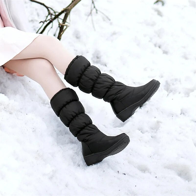 Women Wedges High Heels Snow Boots Winter Mid-calf Long Warm Shoes Woman