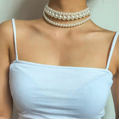 Multi-Layer White Imitation Pearl Necklace Bead  Chain Punk Ladies Wedding Short