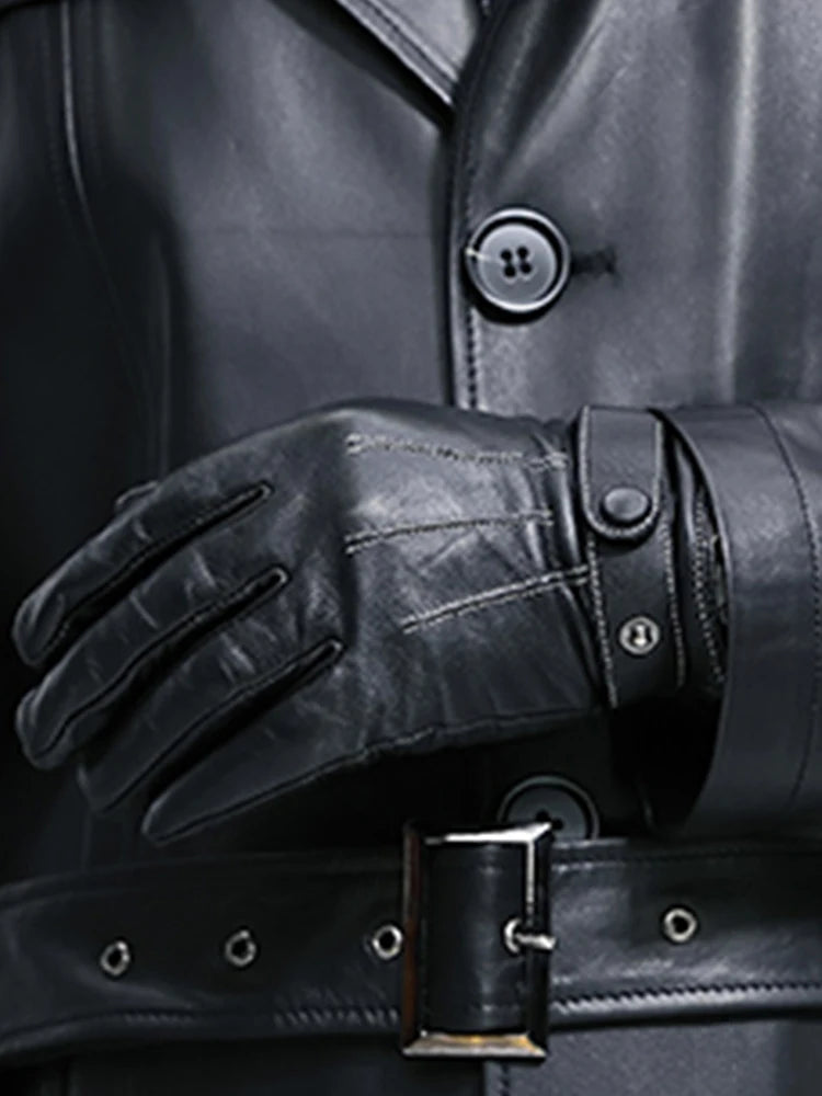 Long Smart Black Waterproof Leather Trench Coat Men Lapel belt Autumn Soft