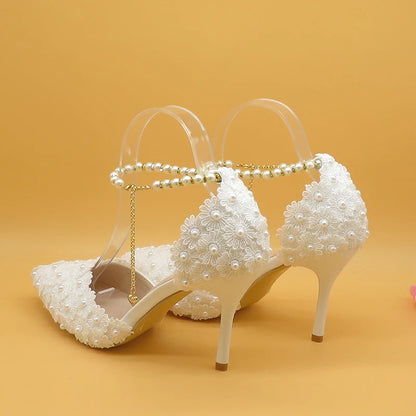 White Lace Flower Wedding Shoes And Bags  Set High Heels Pointed Toe Ankle Strap Ladies Party shoe with matching purse Lace-up