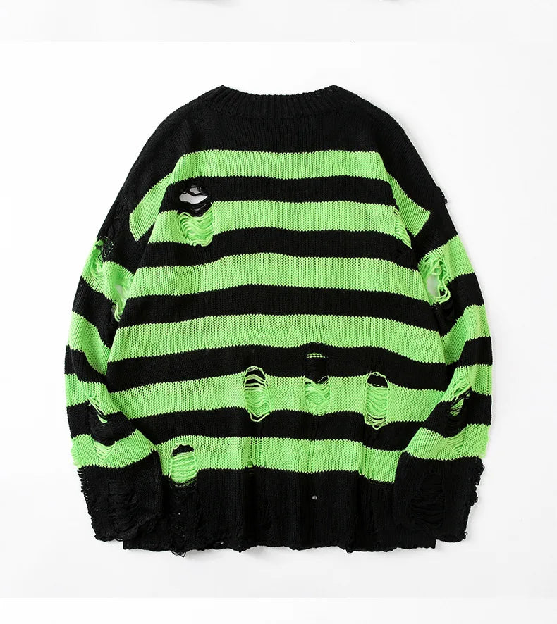 Black Stripe Sweaters Destroyed Ripped Sweater Men Pullover Hole Knit Jumpers Men