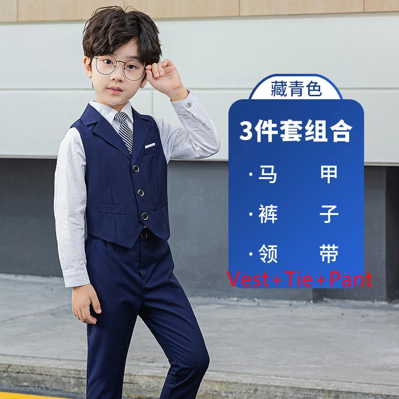 Boy Top Ring Bearer Waistcoat Clothes Set Kids Formal Suits Child Tie Long Sleeve Shirt Vest Trousers Toddler Gentleman Outfits