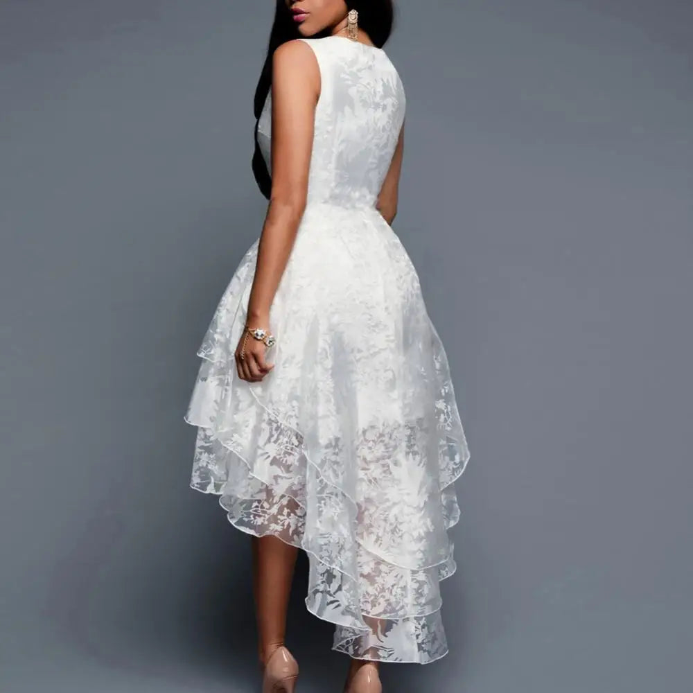 Evening Dresses:  Women Dress White Sleeveless 3 Layers Lace Irregular
