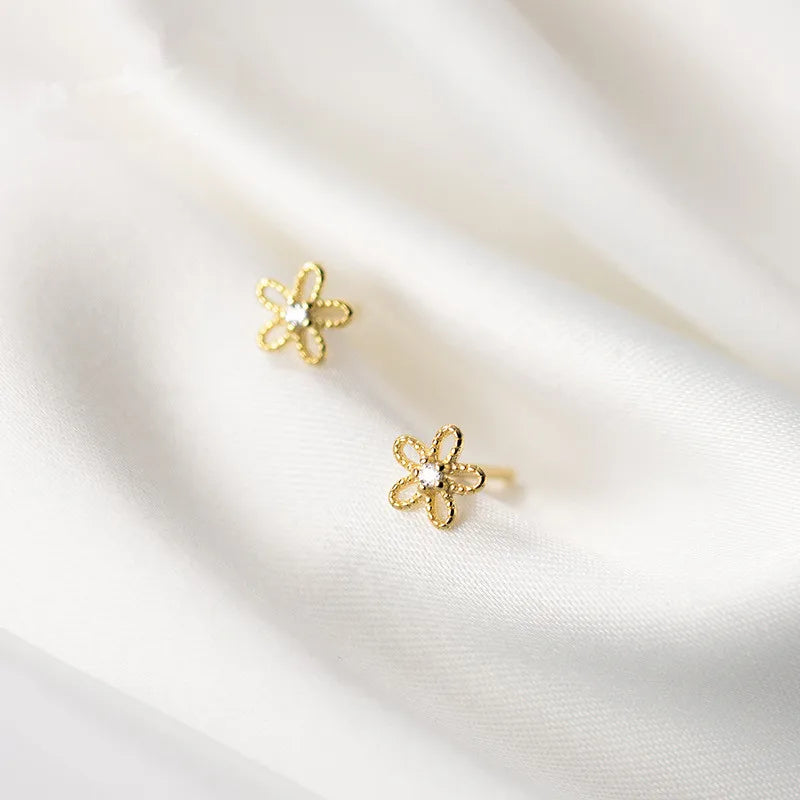 WANTME Real 100% 925 Sterling Silver Cute Sweet Hollow Mini Small Flower Geometric Stud Earrings for Women Korean Fine Jewelry