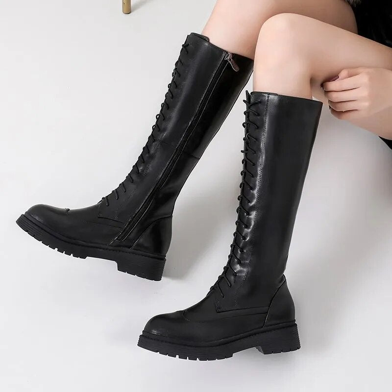 Genuine leather boots women shoes lace up warm winter boots nature sheep