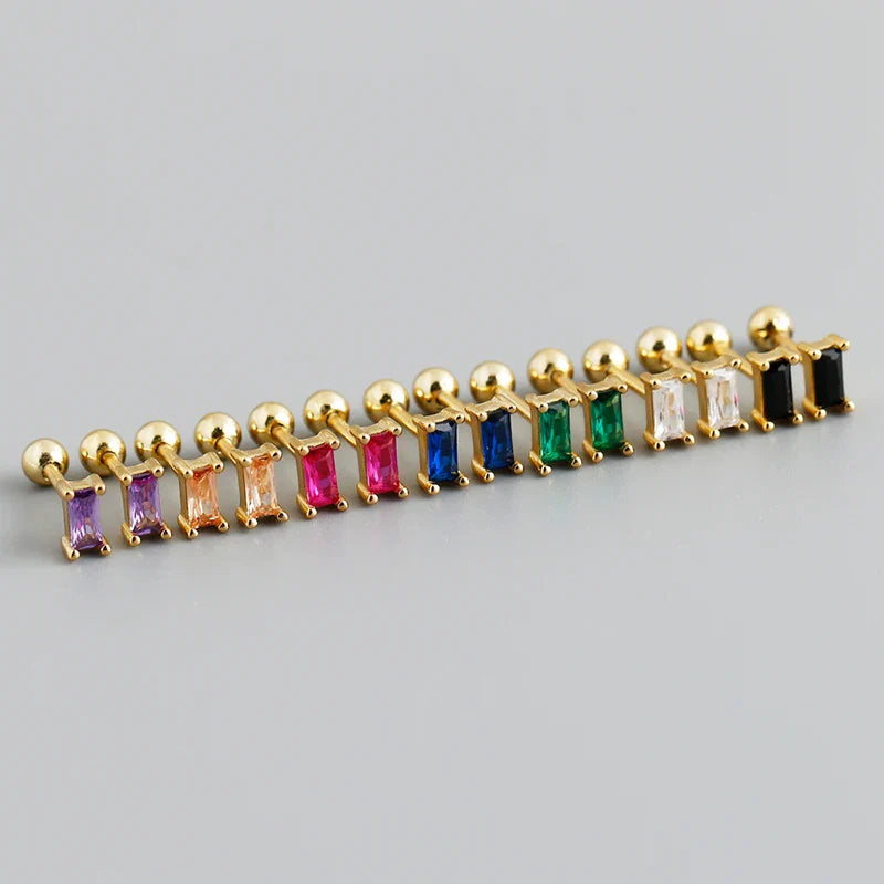 WANTME 925 Sterling Silver Colorful Square Shiny Zircon Beads Piercing Stud Earrings for Women Fashion Gothic Exquisite Jewelry