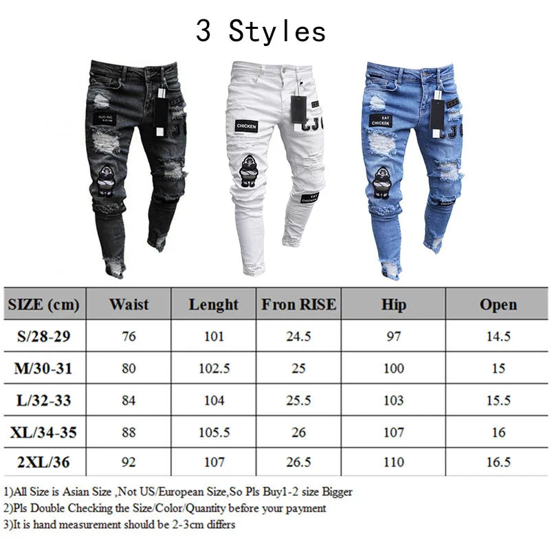 Men Stretchy Ripped Skinny Biker Embroidery Cartoon Print Jeans Destroyed Hole