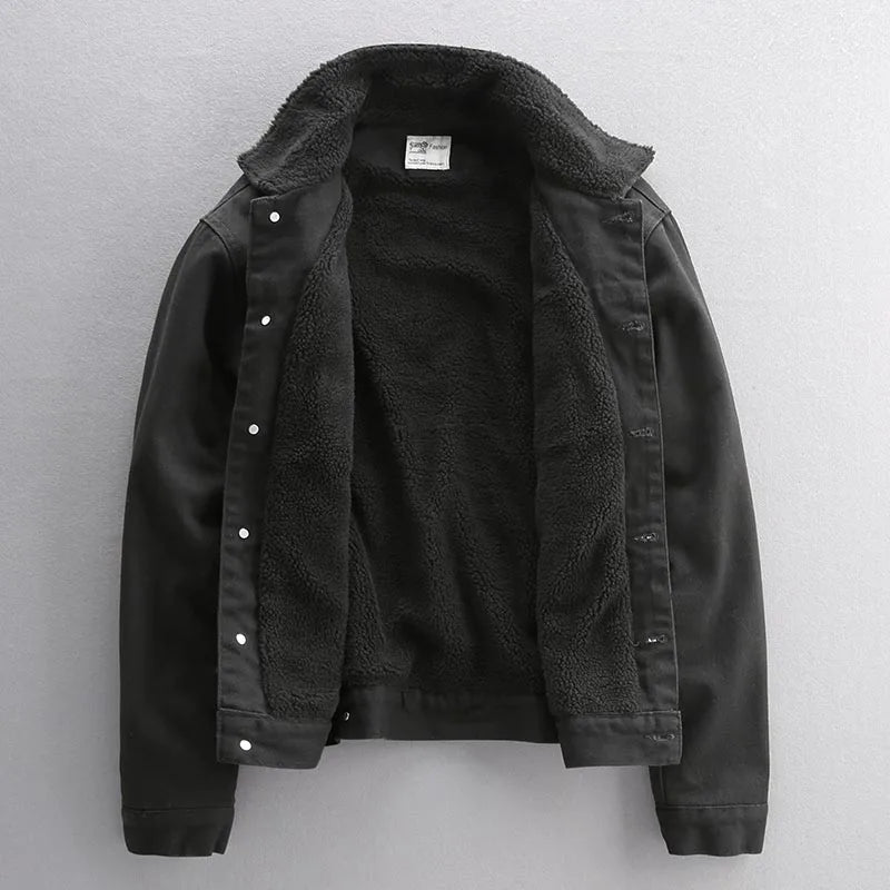 Men's Winter Wool Denim  Jackets Fleece Lined Fur Collar Thermal Jeans