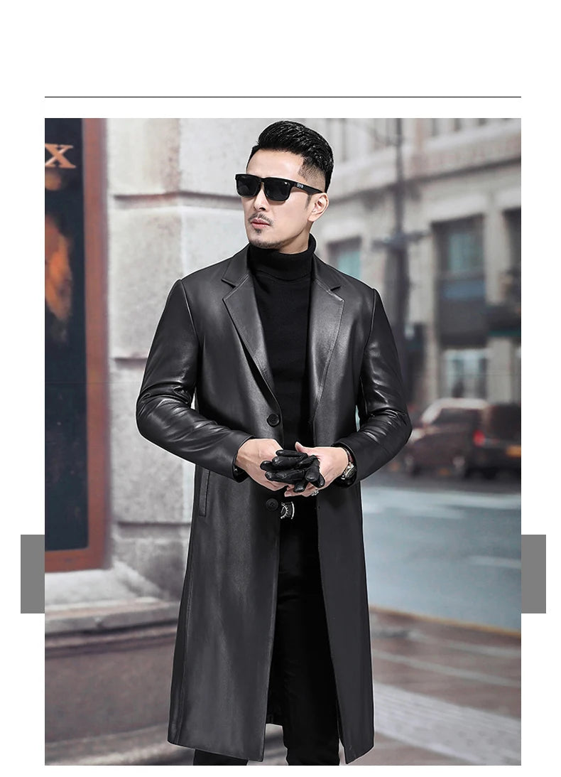 Long Black Mens Leather Blazer Jacket Long Sleeve Lapel Plus Size Faux Leather Coat