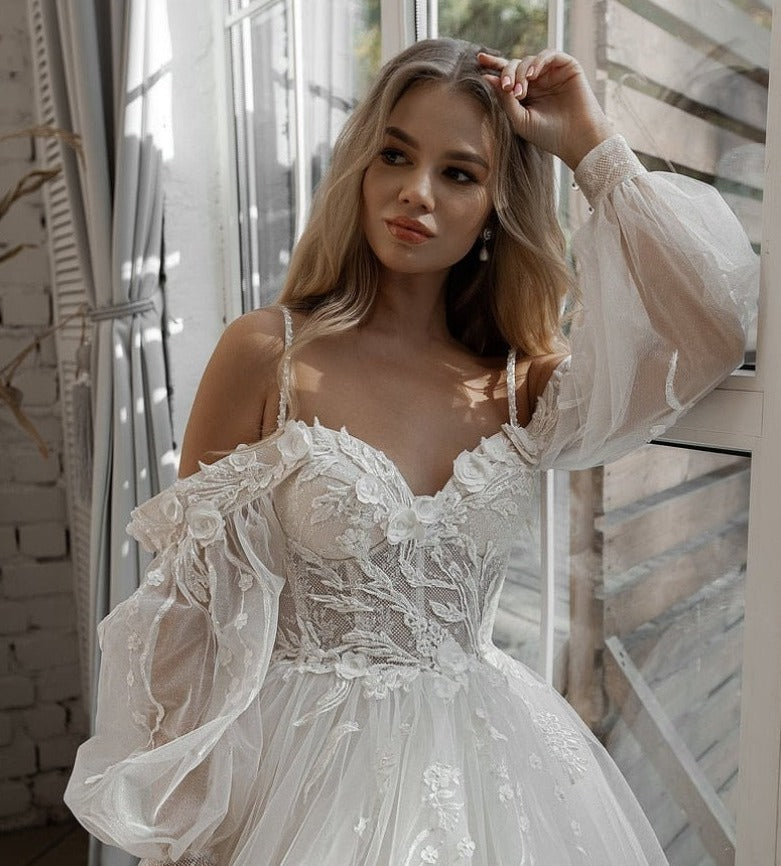 Wedding Dresses Puff Sleeve Appliques Lace 3D Flowers off Shoulder