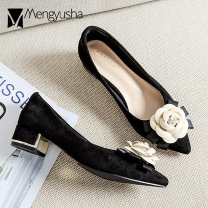2023 Brand Ladies Pumps Real Velvet Shoes With Camellia Women 4cm Med-High Heels Stewardess OL Dress Bridal Wedding Shoe Tacones
