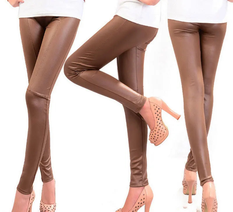 Women Spring Summer  Leggings Outerwear Stitching Matte Imitation Leather