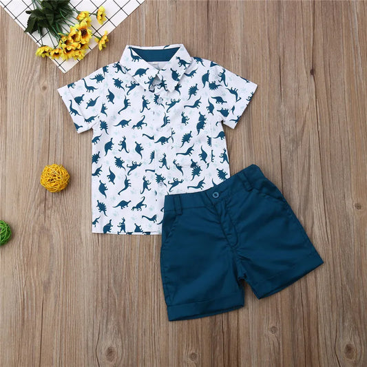 1-6 Years Baby Boys Clothes Set Short Sleeve Dinosaur Print Shirt Boys Tops Dragon Blue Shorts Pants Boys Outfits Children Suits
