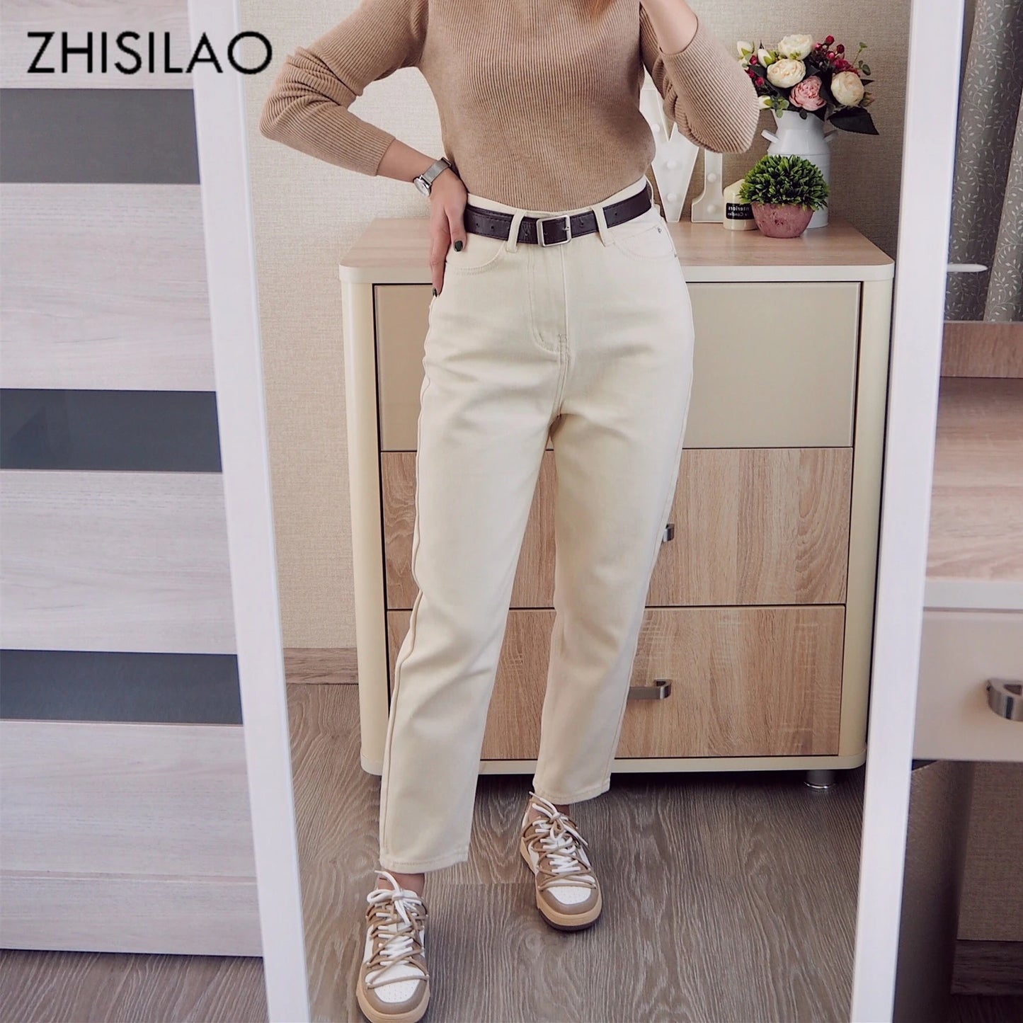 Straight Jeans Women with Belt Vintage Basic Blue Ankle-length Denim Pants