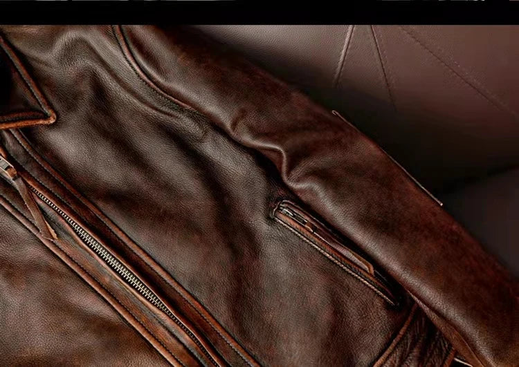 Men Leather Jacket  Swallow Tailed Vintage Motorcycle Top Cowhide Coat