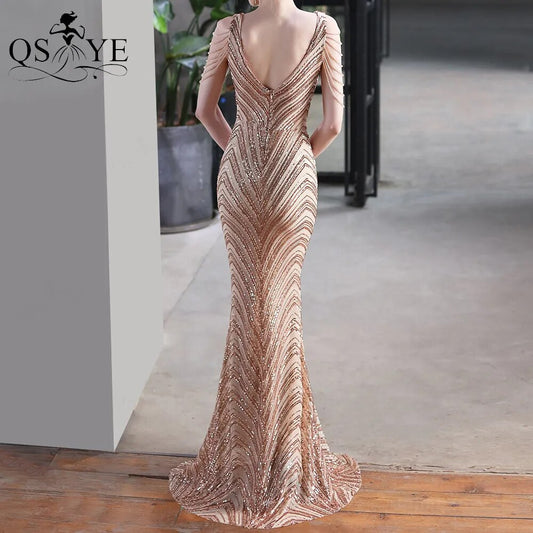 Evening wear Dresses: Golden Prom Dresses V Neck Mermaid Long Evening Dress