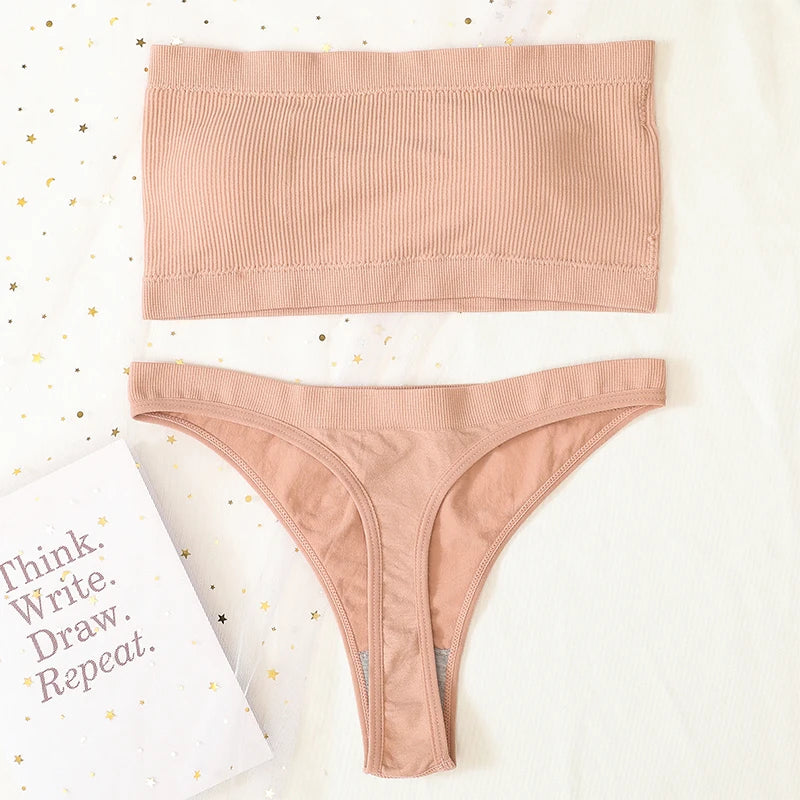 Women Bra Set Strapless Seamless Underwear Push Up Bra High Waist Thong